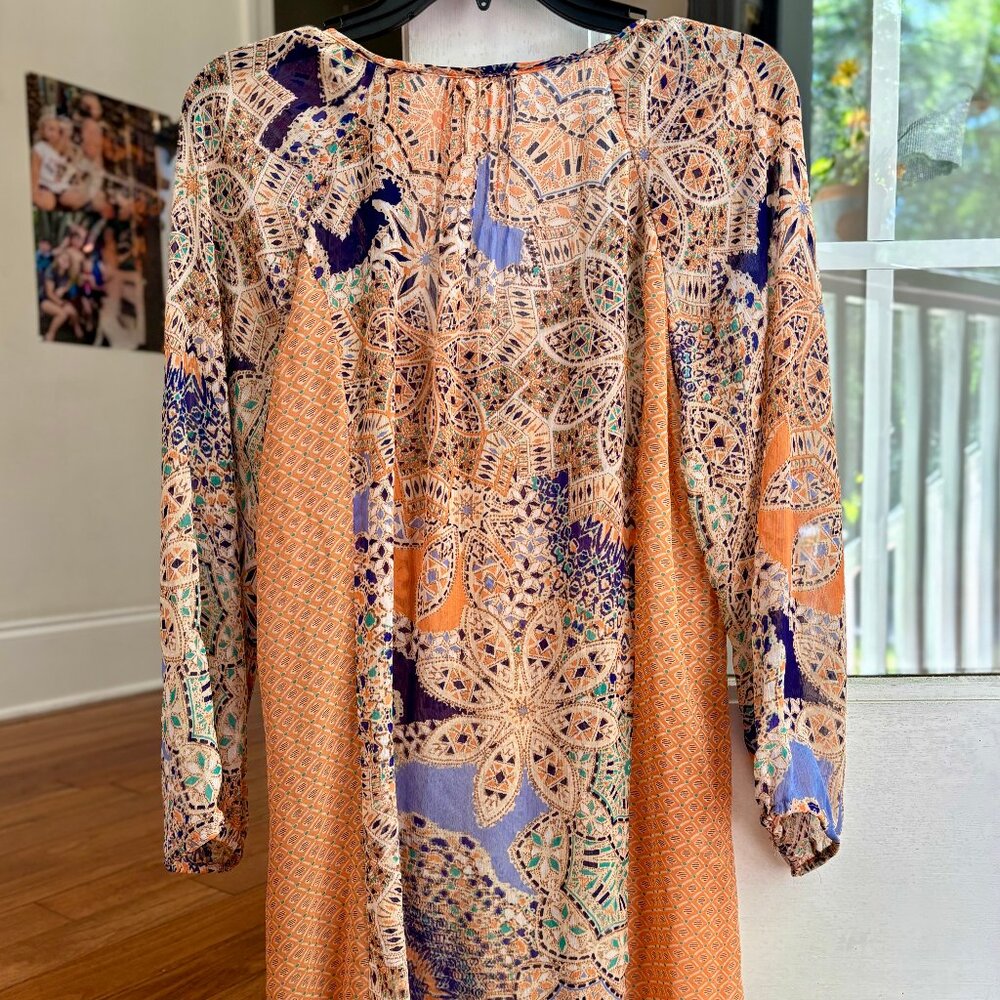 Anthropologie Meadow Rue Peach Lace Inset Tie Neck Sheer Boho Tunic Blouse XS - Picture 4 of 8